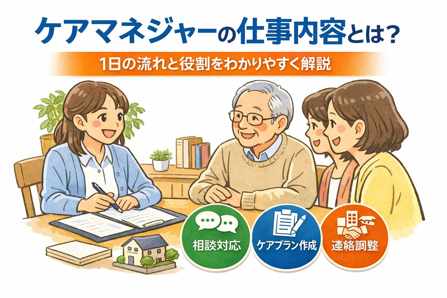 ケアマネジャーが利用者や家族の相談を受けながらケアプランを考えているイメージ